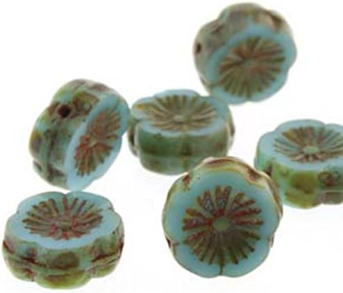 Czech Glass Beads Carved Hawaiian Flower Beads 12mm Blue Turquoise