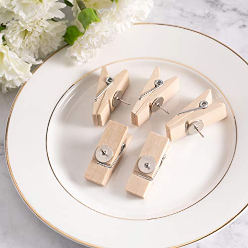 Favide Push Pin Clips, 50 Paper Wooden Clips with Pins for Cork Boards, Bulletin Boards and Cubicle Walls, Pinning No Holes for Paper, Creative Paper Clips with Craft Projects for Offices School
