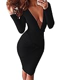 Allegrace Women Sexy Wrap V Neck Long Sleeve Stretch Bodycon Party Bandage Dresses Black S