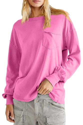 ALLIMY WOMENS CASUAL SPRING FASHION 2025 LONG SLEEVE TOPS TUNIC TOPS PULLOVER CREWNECK SWEATSHIRTS ACTIVE POCKET TEE SHIRT CLOTHES FOR WOMEN TEEN GIRLS TRENDY DISTRESSED TSHIRTS HOT PINK US 20 22