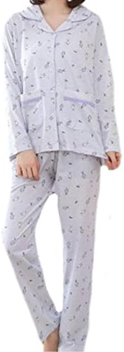 Fulok Ladies' Printed Loose Cotton Button down Homewear Pj Set Light blue Large