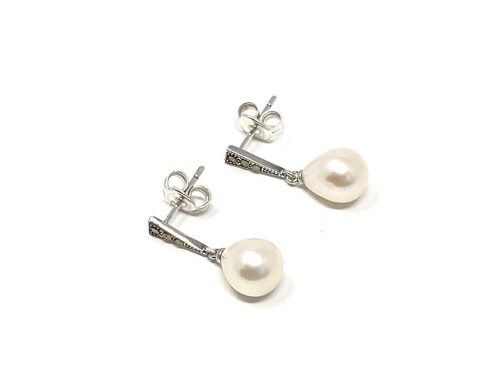 Ladies Silver Triangle Set with Marcasite and a Freshwater Pearl Drop Modern Looking Earrings for Women 925 Sterling with Gift Box