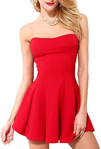Women Sleeveless Strapless Princess Party A-Line Solid Red Slim Flare Mini Dress Red -XL