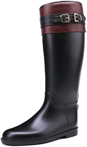 TONGPU Tall Knee-high PU Leather Wrap Rain Boot Dark Wine US 7