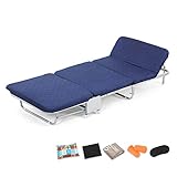 QTT Folding Single Bed with Mattress Included, Foldable Lounge Chair with Adjustable Backrest and Free Pillow for Home (Blue)