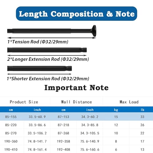 Extendable Curtain Rod, No Drilling, Extra Thick Curtain Rod for Bathroom Bedroom (85-155 cm, Φ32 mm)