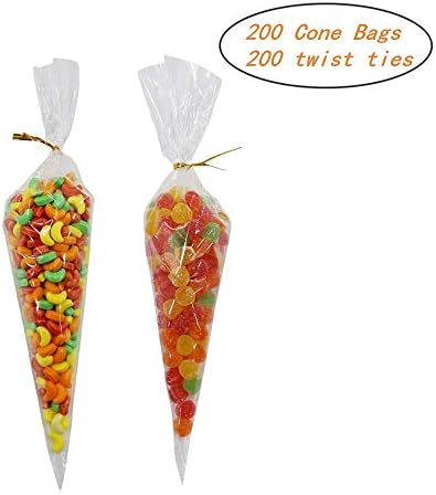 200 Piece Medium Transparent Cone Bags Clear Cello Bags Sweets Treat Bags with 200 Piece Gold Twist Ties, 12 by 6.3 Inch