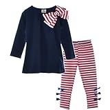 Yo Coco Girls Navy Long Sleeve Bowtie Shirts + Striped Leggings Pants 2ps Sets Size 3-4 Y