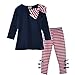 Yo Coco Girls Navy Long Sleeve Bowtie Shirts + Striped Leggings Pants 2ps Sets Size 3-4 Y