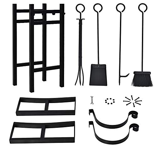 Small Firewood Rack Indoor Outdoor w 4 Tools, Log Rack Fire Wood Holders Storage Carrier by Patio Guarder, Heavy Duty Steel Log Holder with Kindling Holder for Backyard Garden Firepit Fireplace, Black - Thumbnail 4