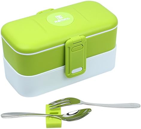 Bento Lunch Box, Matacol Leakproof Bento Box with Stainless Steel Fork & Spoon and 2-Layer Design Lunch Box, BPA Free Safe for Microwave and Dishwasher Ideal for For Kids Adults Outdoor Green