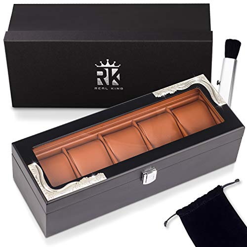 REAL KING Watch Box for Men - 5 Slot Luxury Watch Organizer, Black Wood Display Case with European Silver Carvings, Glass Window, Solid Watch Holder
