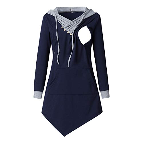 Maternity Nursing Hoodie Top,Crytech Pregnant Women Uneven Hemline Zipper Pullover Hooded Sweatshirt for Breastfeeding with Pocket Pregnancy Button Up Winter Fall T Shirt Clothes (Large, Blue)