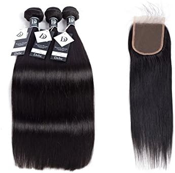 Debe Brazilian Hair Straight 3 Bundles with Lace Closure 8A Grade 100% Unprocessed Virgin Human Hair Weave with Baby Hair Free part Closure Natural Color (10 12 12+8 inches)