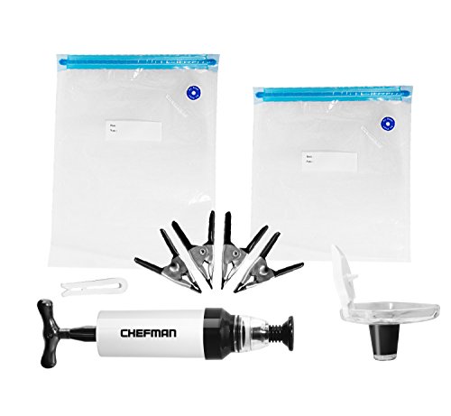 Click Here to See More Images Chefman Sous Vide Bag & Vacuum Set - Great for Freezer Food Storage & Use w/ Precision Immersion Circulators - 25 Reusable Vacuum Seal Bags, Pump, Clips and Bonus Wine Bottle Stopper Included