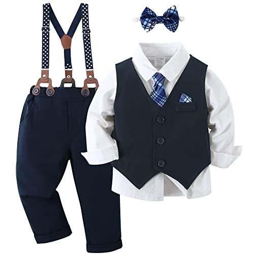 Toddler Suit Baby Boys Clothes, Formal Dress Shirt with Bowtie + Stylish Tuxedo Vest + Suspender Pants Outfit Sets Gentleman