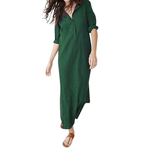 aliveGOT Womens Long Sleeve V-Neck Baggy Cotton Linen Splits Maxi Dress Plus Size (Green, M)