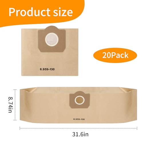 20 Pieces of Vacuum Cleaner Bags for Kärcher 6.959-130.0 Bags, WD3 Vacuum Cleaner Bag, Paper Filter Bags for WD3 1629 MV3 A2201/2204/2504/2554/2251/2604, Reusable Dust Bag