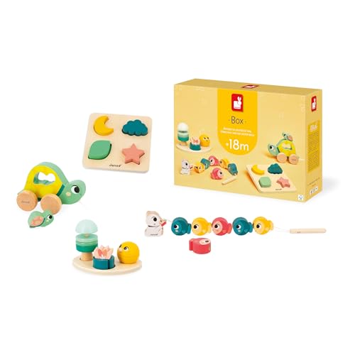 Janod - Baby Play Box - Children's Toy 18 Months - Stimulus Toys with Wooden Puzzle - Baby Motor Skills - Activity Toys and Psychomotor Development - from 18 Months - J04064