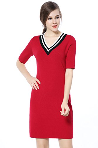 Knitbest Women's Short Sleeve Knit V Neck Red Knitwear Sweater Dress (Large, Purplish Red)