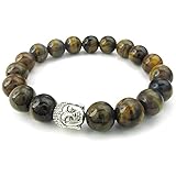 KONOV Tiger Eye Gemstone Mens Womens Bracelet, Energy Bead, Buddha Mala, Brown Silver