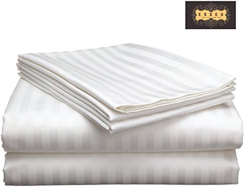 300 Thread Count 100% Cotton Sheet Set, Dobby Stripe, Soft Sateen Weave, Deep Pockets,Home &amp; Hotel Collection,Luxury Bedding-Bestseller- Super Sale 100% Cotton, by ESSEU (Queen, White)