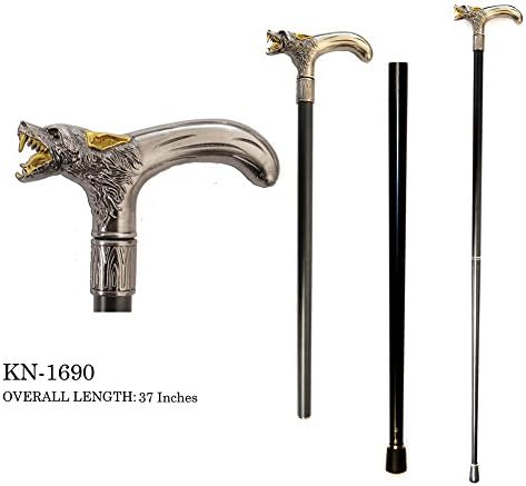 Stately Walking Stick Pewter-Look Metal Snarling Wolf Head 2-Piece Cane