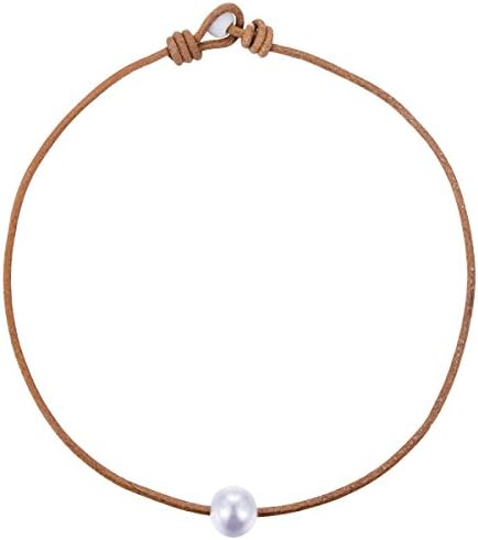 White Single 12 mm Artificial Pearl Handmade Choker Necklaces for Women on Black Original Leather Cord