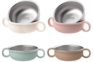 Rommeka Non-Toxic Stainless Steel Toddler Bowls with Handle Non-Slip Silicone Shell, Mess Free Feeding Bowls for Babies, Children, Kids, Set of 4