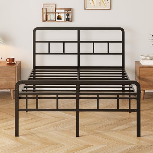Yicensen Base Cama Matrimonial con Cabecero y Piecero, Base Matrimonial de Metal de 46 cm de Altura con Listones Resistente, Espacio de Almacenamiento Debajo de la Cama, sin Ruido, Negro