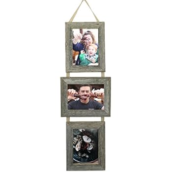 My Barnwood Frames - 3, 5x7 Reclaimed Barn Wood Frames Hanging on Burlap Ribbon, USA Made (Portrait-Landscape-Portrait)