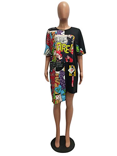 image for Remelon Womens Casual Short Sleeve Comics Letter Print Asymmetrical Lo