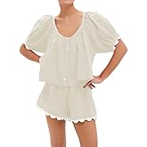 VAOYIU Women's Casual Elegance Two-Piece Linen Outfit Set with Scalloped Hem Summer Round Neck Puff Short Sleeve Top (Beige-M)