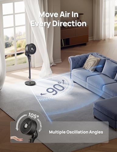 DREO Fan for Bedroom, 80° Oscillating Standing Fan, 25dB Quiet, 80ft Pedestal Fans for Home Office, 90° Manual Vertical, 3 Speeds, Remote, 34-41" Adjustable Height, Air Circulator