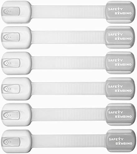 Safety Bambino Adjustable Child Safety Locks, No Drill, 6x Pack Safety Latches to Baby Proof Cabinets, Doors, Drawers, Refrigerators, Toilets &amp; More, Free Bonus - White