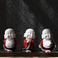 KINGZHUO Set of 3 Ceramic Laughing Buddha Statue Monk Figurine White Porcelain Baby Crafts Dolls Ornaments Happy Collectible Figurines Gift Decorative Figurine Tea Accessories 3 PCS 4.4 in High