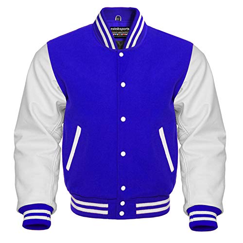 Premium Letterman Baseball School College Bomber Varsity Jacket Wool Blend & Genuine Leather Sleeves (Royal Blue/White, 2XL)