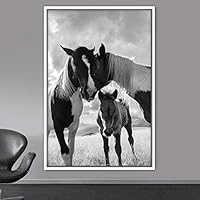 Framed Canvas Wall Art High Contrast Horse Animals Black and White Duotone Expressive Grey Horse Living Room Photography Rustic - 16x24 inches