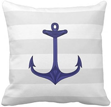 PAUSEBOLL Pillow Case Covers with Zipper Nautical Navy Blue Anchor Gray White Stripes Square Canvas Accent Pillow Sham for Sofa Couch Cushion Cover Size 18x18 inches