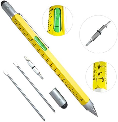 Super 6-in-1 Multifunction Pen Ruler, Spirit Level, Ballpoint Pen, Stylus, Flat Head or Phillips Screwdriver | Perfect Novelty Gift for Men (Yellow)