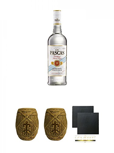 Old Pascas White Rum Barbardos 0,7 Liter + Plantation MUG ohne Eichstrich 1 Stück + Plantation MUG ohne Eichstrich 1 Stück + Schiefer Glasuntersetzer eckig ca. 9,5 cm Ø 2 Stück
