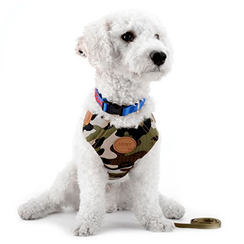 SMALLLEE_LUCKY_STORE Green Camo Camouflage Small Dog Cat Harness Leash Set Soft Mesh Padded,Adjustable Comfort Control Walking Harnesses,Size M