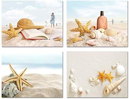 HOMEOART Ocean Coastal Landscape Canvas Wall Art Beach Seashell Wall Pictures Bathroom Decor, Framed Ready to Hang