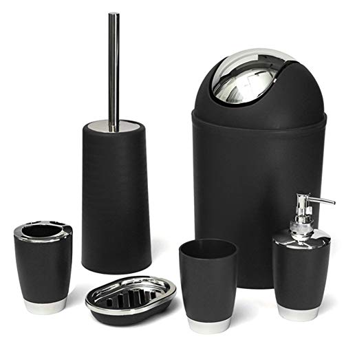 WOOPOWER 6pcs Bathroom Accessories Set, Including Toothbrush Holder, Waste Bin, Soap Dish, Toilet Brush, Rinse Cup, Sprayer Bottle, for Home, Office, Apartment, Hotel etc (Black)