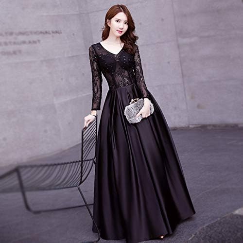 Amazon Vネック ハイウエスト レースドレス 長袖ドレス Vネック ブラックドレス 黒 ロングドレス スレンダーライン ファスナードレス マキシ 丈 ロングドレス パーティードレス 通販