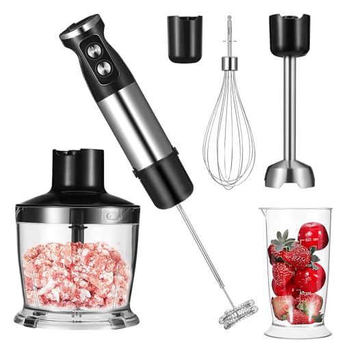 Batidora de Inmersión 5 en 1, Batidora de Mano de 1000 W, 12 Velocidades, Acero Inoxidable 304, Con Vaso Mezclador de 600 ml, Picador de 500 ml, Batidor y Espumador de Leche (Negro)