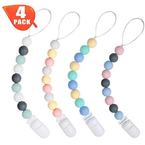 Pacifier Clip, BPA-Free Silicone Teething Beads Teether Holder, Pacifier Holder Clips for Teething Relief, 4 Different Color