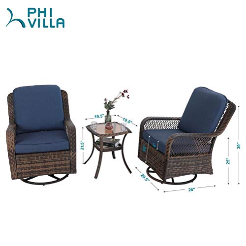 PHI VILLA Rattan Swivel Rocking Chairs 3 PC Patio Conversation Set, Outdoor Bistro Set for Lawn