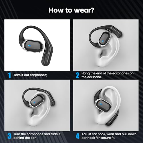Open Ear Wireless Earbuds Bluetooth Headphones, 80H Playtime Stereo Ear Buds with ENC Noise Cancelling, Fast Charging, IPX7 Waterproof Sports Earphones with Earhook for Running/Workouts (Black)