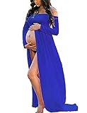 JustVH Maternity Off Shoulder Chiffon Gown Long Sleeve Front Split Maxi Photography Dress Navy Blue
